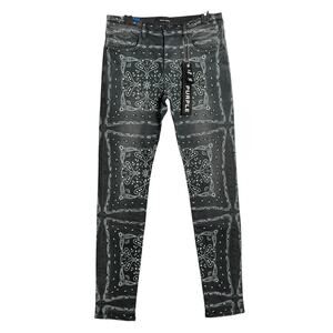 Purple P001 Vintage Warped Bandana Skinny Jeans 32 Black Low Rise Button Fly NWT
